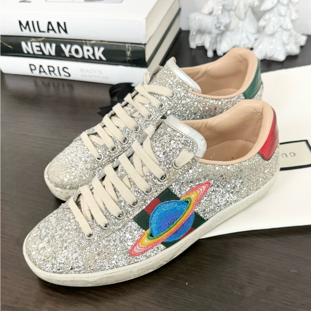 GUCCI Women’s New Ace Low Top Sneaker - Silver Metallic - EU36